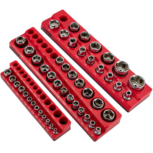 3-Pack SAE Magnetic Socket Organizers, 1/2-inch, 3/8-inch, 1/4-inch Drive Socket Holders Hold 68 Sockets, Red Tool Box Organizer for Sockets Storage