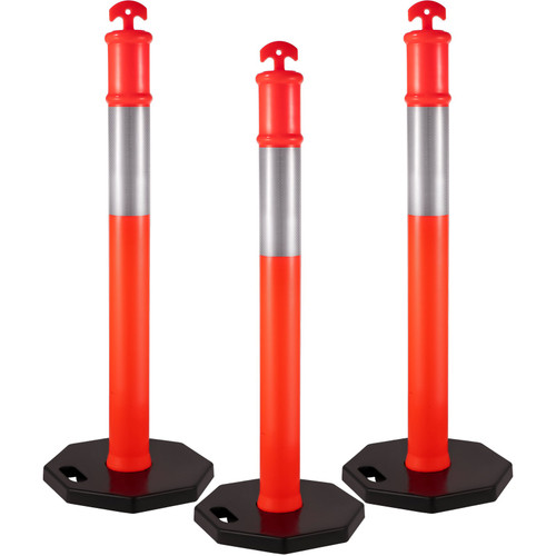 3Pack Traffic Delineator Posts 44 Inch Height, Orange Delineator Cones with Rubber Base 16 inch, PE Delineator Post Kit 10 inch Reflective Band for Construction Sites, Facility Management etc.