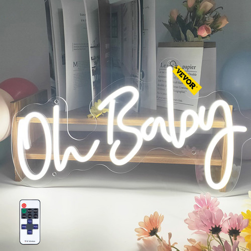 Oh Baby Neon Sign for Wall Decor, with Remote Control and Dimmable Switch for Baby Shower decorations, Birthday Party, Wedding Decor, 20x10 inches (White)