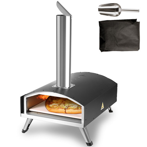 Outdoor Pizza Oven, 12-inch, Wood Pellet and Charcoal Fired Pizza Maker, Portable Outside Stainless Steel Pizza Grill with Pizza Stone, Waterproof Cover, Shovel, Wood Burner for Backyard Camping