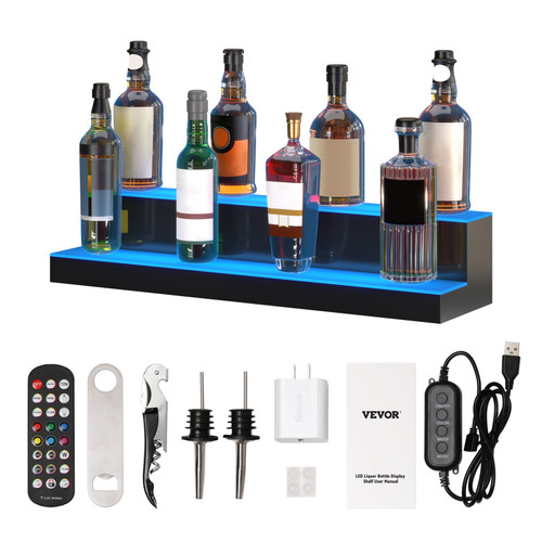 LED Lighted Liquor Bottle Display, 2 Tiers 30 Inches, Illuminated Home Bar Shelf with RF Remote & App Control 7 Static Colors 1-4 H Timing, Acrylic Drinks Lighting Shelf for Holding 16 Bottles