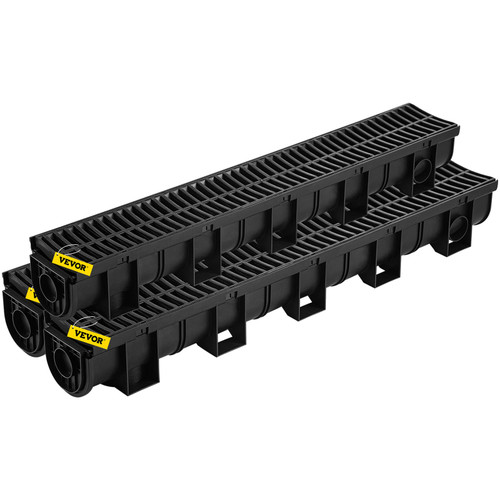 Trench Drain System,5.8x5.2x39.4-Inch HDPE Drainage Trench,Channel Drain with Plastic Grate,Black Plastic Garage Floor Drain,3x39 Trench Drain Grate,with 3 End Caps, for Garden, Driveway-3 Pack