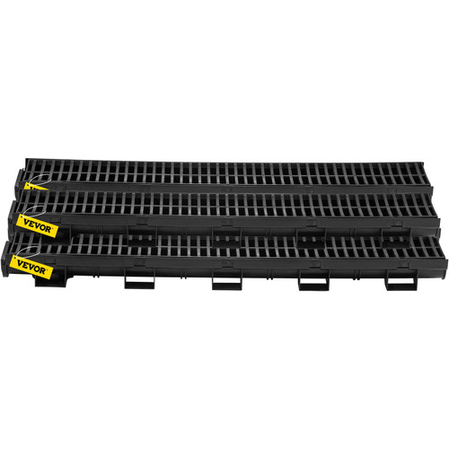 Trench Drain System, Channel Drain with Plastic Grate, 5.7x3.1-Inch HDPE Drainage Trench, Black Plastic Garage Floor Drain, 5x39 Trench Drain Grate, with 5 End Caps, for Garden, Driveway-5 Pack