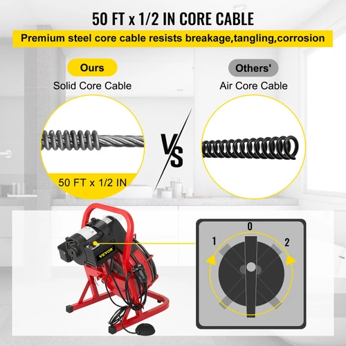 50 Ft x 1/2 Inch Drain Cleaner Machine Best fit 1(25mm) to 4(100mm) Pipes Drain Cleaning Machine Portable Drain Auger Cleaner with 4 Cutters Electric Drain Auger Plumbing Tool (50Ft x 1/2In)