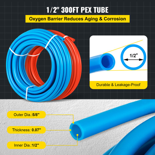PEX Tubing Oxygen Barrier - 2 Rolls of 1/2 Inch X 300 Feet Tube Coil - EVOH PEX-B Pipe for Residential Commercial Radiant Floor Heating Pex Pipe (1/2" O2-Barrier, 2x300Ft/Red+Blue)