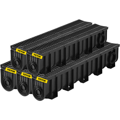 Trench Drain System, Channel Drain with Plastic Grate, 5.9x7.5-Inch HDPE Drainage Trench, Black Plastic Garage Floor Drain, 5x39 Trench Drain Grate, with 5 End Caps, for Garden, Driveway-5 Pack