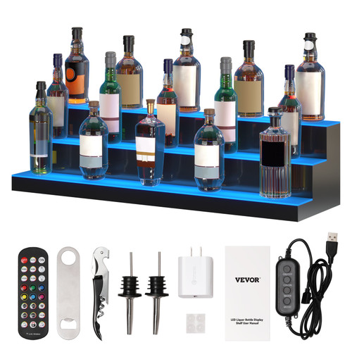 LED Lighted Liquor Bottle Display, 3 Tiers 40 Inches, Illuminated Home Bar Shelf with RF Remote & App Control 7 Static Colors 1-4 H Timing, Acrylic Drinks Lighting Shelf for Holding 30 Bottles