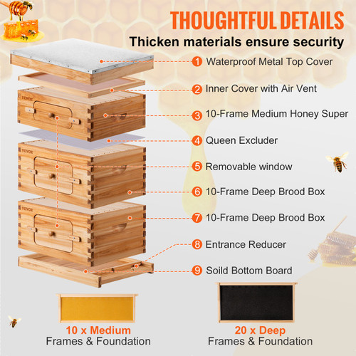 Beehive Box Kit Bee Honey Hive 30 Frames 2 Deep 1 Medium Natural Fir Wood