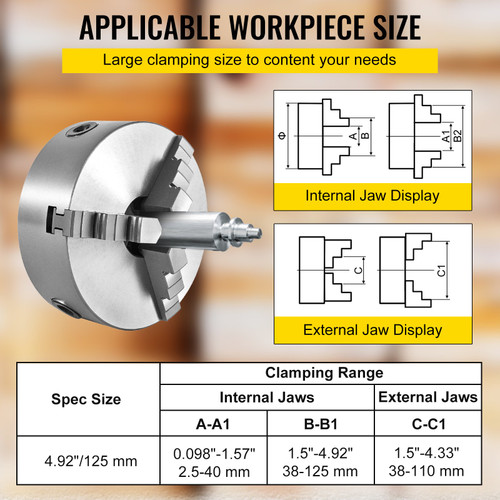 VEVOR K11-125 Lathe Chuck 5", Metal Lathe Chuck Self-centering 3 Jaw, Lathe Chuck With Two Sets Of Jaws, for Grinding Machines Milling Machines
