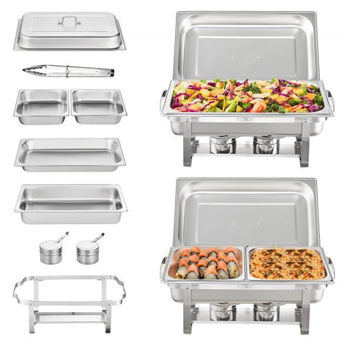 2-Pack Rectangle Chafing Dish Set 2 Full-Size 8Qt Pan 4 Half-Size 4Qt Pans