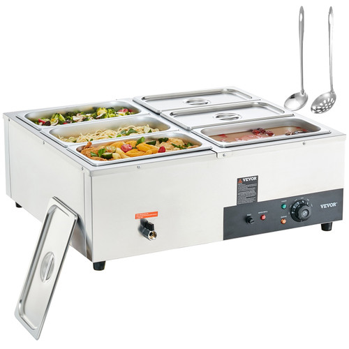 6-Pan Commercial Food Warmer, 6 x 8QT Electric Steam Table, 1200W Professional Countertop Stainless Steel Buffet Bain Marie with 86-185°F Temp Control for Catering and Restaurants, Silver
