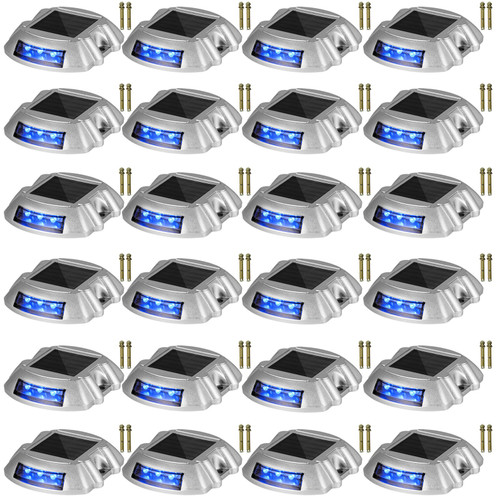 Driveway Lights 24-Pack, Solar Driveway Lights with Switch Button, Solar Deck Lights Waterproof, Wireless Dock Lights 6 LEDs for Path Warning Garden Walkway Sidewalk Steps, LED Bright Blue