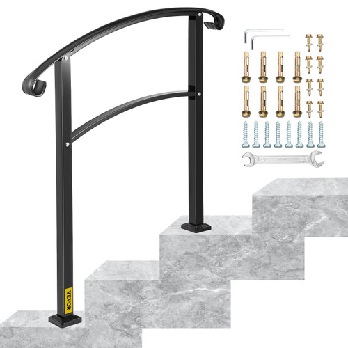 3-Step Transitional Handrail Fits 1 or 3 Steps Matte Stair Rail Wrought Iron Handrail with Installation Kit Hand Rails for Outdoor Steps (Unadjustable) (Black)