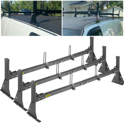 Van Ladder Roof Racks, 3 Bars, 661 LBS Capacity, Adjustable Matte Coating Van Rack with Ladder Stoppers, Compatible with Chevy Express Fullsize Van 1996-Up, Black