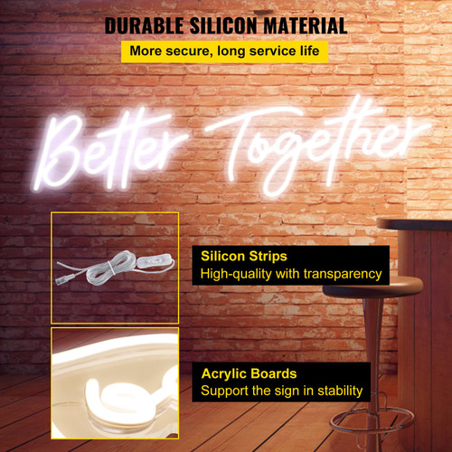 VEVOR Better Together Neon Sign, 24" x 10" + 17" x 9" White LED lights Sign, Adjustable Brightness with Dimmer Switch and 12V Power Adapter, Used for Home, Party, Wedding, and Bar Decoration