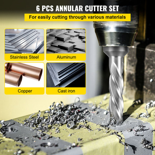 VEVOR Annular Cutter Set, 6 pcs 3/4" Weldon Shank, 2" Cutting Depth and Cutting Diameter from 7/16" to 1-1/16", 2 Pilot Pins & Strong Case for Using with Magnetic Drills, Silver VEVOR Annular Cutter Set, 6 pcs 3/4" Weldon Shank, 2" Cutting Depth and Cutting Diameter from 7/16" to 1-1/16", 2 Pilot Pins & Strong Case for Using with Magnetic Drills, Silver