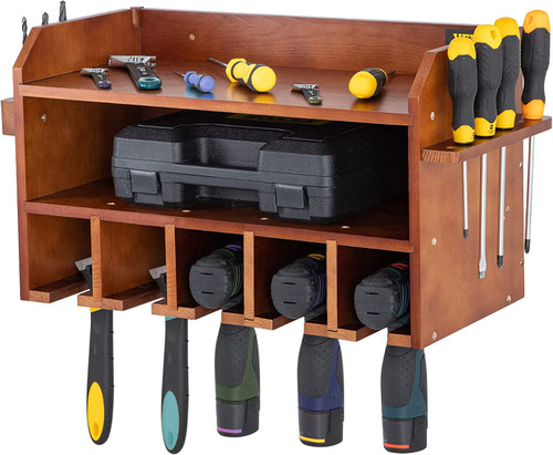 VEVOR Power Tool Organizer, Wall Mount Drill Holder, 5 Drill Hanging Slots Drill Charging Station, 2-Shelf Cordless Drill Storage, Polished Wooden Toolbox for Saw, Impact Wrench, Screwdriver Drill