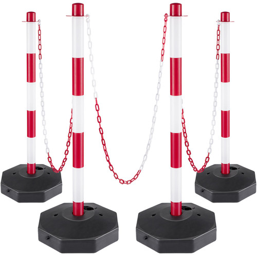 Plastic Stanchion, 4pcs Chain Stanchion, Plastic Stanchion Kit w/ 32ft Chain 8 S-Hooks, PE Plastic White Stanchion for Warning/Crowd Control at Parking Lot, Construction Lot, Driveway Elevator