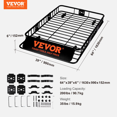 Roof Rack Cargo Basket, 64" x 39" x 6" Rooftop Cargo Carrier with Extension, Heavy-duty 200 LBS Capacity Universal Roof Rack Basket, Luggage Holder for SUV, Truck, Vehicle