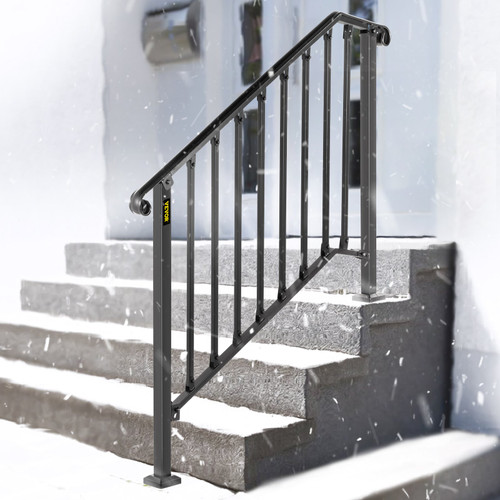 Handrails for Outdoor Steps, Fit 3 or 4 Steps Outdoor Stair Railing, Picket#3 Wrought Iron Handrail, Flexible Porch Railing, Black Transitional Handrails for Concrete Steps or Wooden Stairs