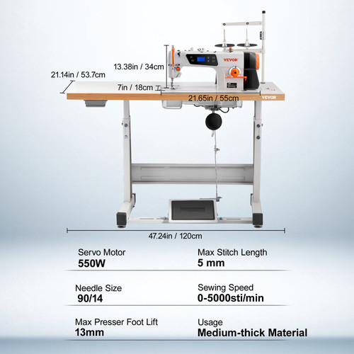 Industrial Sewing Machine, Heavy-duty Lockstitch Sewing Machine with 550W Servo Motor Table Stand, Electro-mechanization Intelligent Start-stop, 0-5mm Industrial Straight Stitch 5000s.p.m