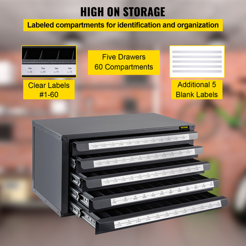 Drill Bit Dispenser Cabinet, Five-Drawer Drill Bit Dispenser, 60-Compartment Drill Bit Organizer Cabinet, Drill Dispenser Organizer Cabinet Holder for Jobber Length Wire Gauge Sizes #1 to #60