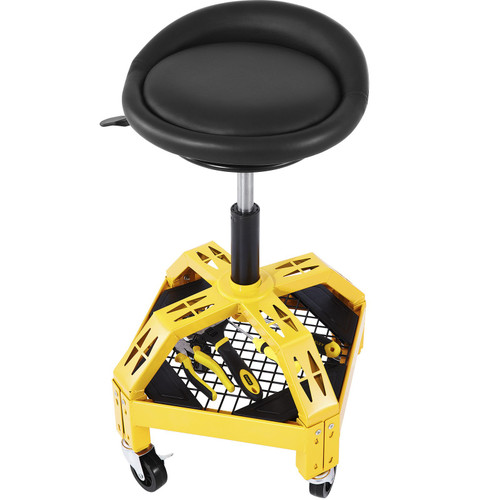 Rolling Garage Stool, 300LBS Capacity, Adjustable Height from 24 in to 28.7 in, Mechanic Seat with 360-degree Swivel Wheels and Tool Tray, for Workshop, Auto Repair Shop, Yellow