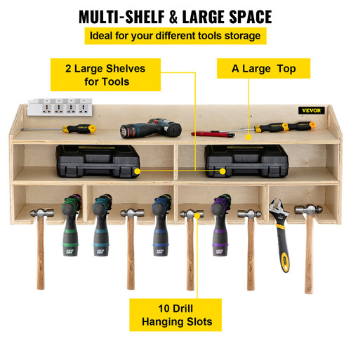 Power Tool Organizer, Wall Mount Drill Holder, 10 Drill Hanging Slots Drill Charging Station, 2 Shelf Cordless Drill Storage, Polished Plywood Toolbox for Saw, Impact Wrench, Screwdriver Drill