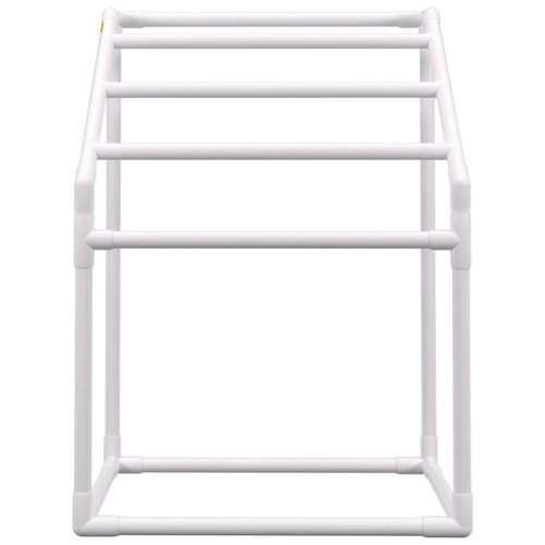 Pool Towel Rack, 5 Bar, White, Freestanding Outdoor PVC Trapedozal Poolside Storage Organizer, Include 8 Towel Clips, Mesh Bag, Hook, Also Stores Floats and Paddles, for Beach, Swimming Pool