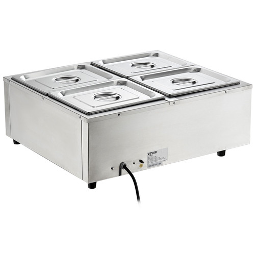 4-Pan Commercial Food Warmer, 4 x 12QT Electric Steam Table, 1200W Professional Countertop Stainless Steel Buffet Bain Marie with 86-185°F Temp Control for Catering and Restaurants, Silver