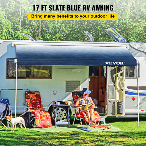 RV Awning Fabric Replacement, 17 ft , 15oz Vinyl Waterproof Sun Shade, Outdoor Canopy RV Replacement Fabric for Camper, Trailer, and Motor Home Awnings, Slate Blue