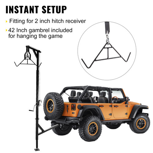 Hitch Mounted Deer Hoist, 600lbs Capacity Hitch Game Hoist, 2'' Truck Hitch Deer Hoist with Winch Lift Gambrel Set, Foot Base, Adjustable Height and 360 Degrees Swivel for Hunting, Hanging