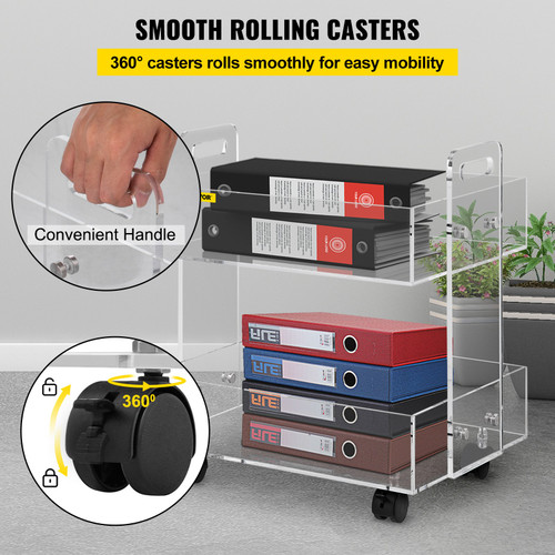 Acrylic Cart, 2 Tier, 0.3 in Thickened Board, Holds Up to 66 lbs, Acrylic Side Table with Lockable Swivel Wheels, for Office School Home, 13.4" x 15.7" x 19"