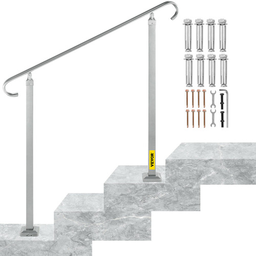 Outdoor Stair Railing, Fit 2 or 3 Steps Alloy Metal Handrailing, Front Porch Flexible Transitional Handrail, Stand Colomn Step Rail with Installation Kit, for Concrete or Wooden Stairs, Silver