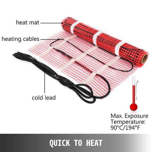 90 Sqft 120V Electric Radiant Floor Heating Mat with Alarmer and Programmable Floor Sensing Thermostat Self-Adhesive Mesh Underfloor Heat Warming Systems Mats Kit