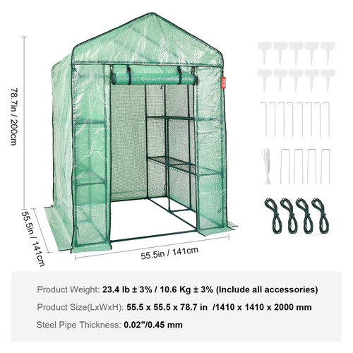 Walk-in Green House, 4.6 x 4.6 x  6.6 ft  Greenhouse with Shelves, Set Up in Minutes, High Strength PE Cover with Doors & Windows and Steel Frame, Suitable for Planting and Storage, Green