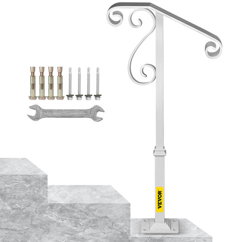 Handrails for Outdoor Steps, Fit 1 or 2 Steps Outdoor Stair Railing, Single Post Wrought Iron Handrail Flower Design, White Porch Railings for Concrete Steps or Wooden Stairs with Base