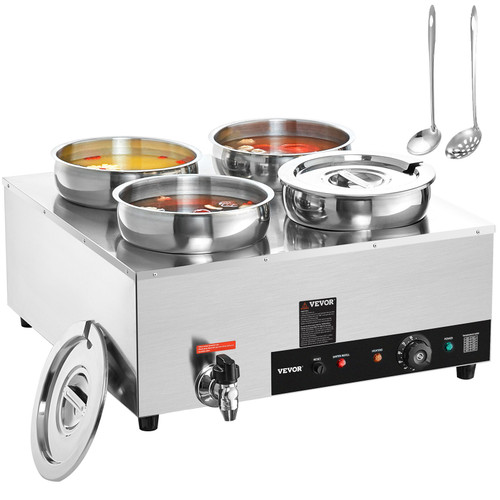Electric Soup Warmer, Four 7.4QT Stainless Steel Round Pot 86~185Â°F Adjustable Temp, 1500W Commercial Bain Marie with Anti-dry Burn and Reset Button, Soup Station for Restaurant, Buffet, Silver
