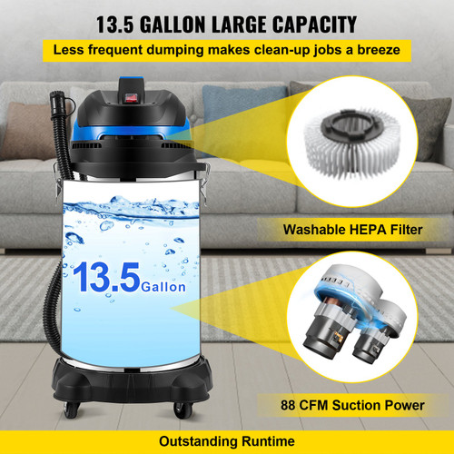 Wet/Dry Vacuum, 13.5 Gallon Capacity, HEPA Filtration Automatic Dust Shaking, 1200 W Powerful Motor Dust Collector, Heavy-Duty Shop Vacuum with Attachments, ETL Listed Wet/Dry Vacuum, 13.5 Gallon Capacity, HEPA Filtration Automatic Dust Shaking, 1200 W Powerful Motor Dust Collector, Heavy-Duty Shop Vacuum with Attachments, ETL Listed