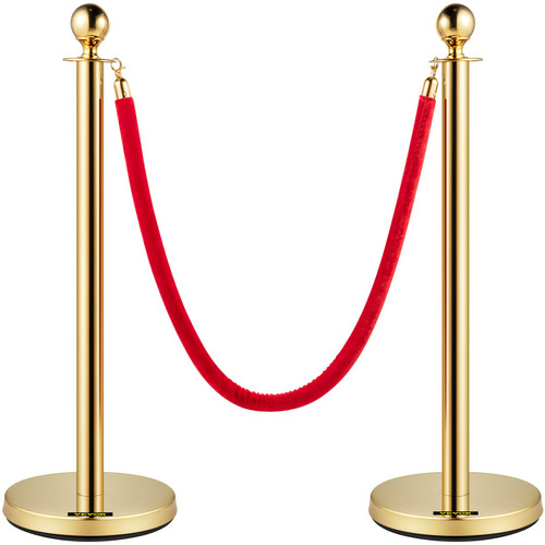 Velvet Ropes and Posts, 5 ft/1.5 m Red Rope, Stainless Steel Gold Stanchion with Ball Top, Red Crowd Control Barrier Used for Theaters, Party, Wedding, Exhibition, Ticket Offices 2 Pack Sets