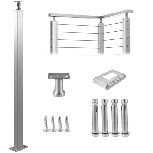 Cable Railing Post Level Deck Stair Post 36 x 0.98 x 1.97" Cable Handrail Post Stainless Steel Wire Drawing Deck Railing DIY Picket Without Hole Stair Railing Kit With Mount Bracket Sliver