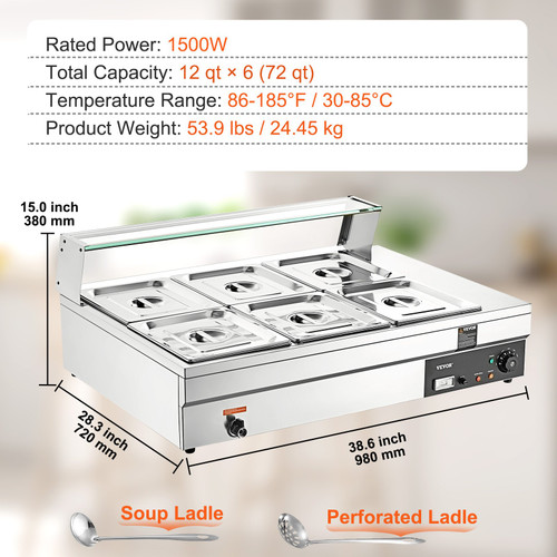 6-Pan Commercial Food Warmer, 6 x 12QT Electric Steam Table with Tempered Glass Cover, 1500W Countertop Stainless Steel Buffet Bain Marie 86-185°F Temp Control for Catering, Restaurants, Silver