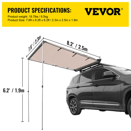 Car Side Awning, 7.6'x8.2', Pull-Out Retractable Vehicle Awning Waterproof UV50+, Telescoping Poles Trailer Sunshade Rooftop Tent w/ Carry Bag for