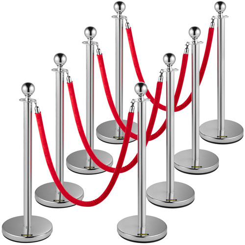Crowd Control Stanchion, Set of 8 Pieces Stanchion Set, Stanchion Set with 5 ft/1.5 m Red Velvet Rope, Silver Crowd Control Barrier w/ Sturdy