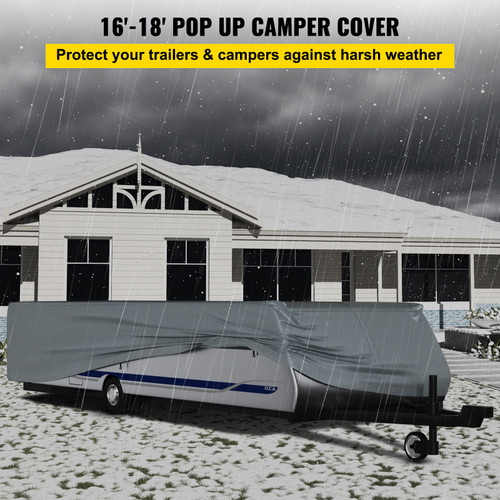 Pop Up Camper Cover, Fit for 16'-18' Trailers, Ripstop 4-Layer Non-Woven Fabric Folding Trailer Covers, UV Resistant Waterproof RV Storage Cover w/ 3 Wind-Proof Ropes and 1 Storage Bag, Gray
