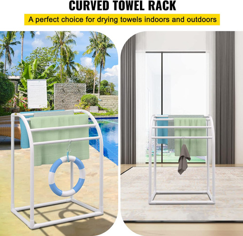 Pool Towel Rack, 5 Bar, White, Freestanding Outdoor PVC T-Shape Poolside Storage Organizer, Include 8 Towel Clips, Mesh Bag, Hook, Also Stores Floats