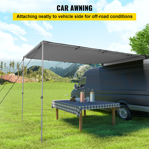 Car Side Awning, 6.5'x10', Pull-Out Retractable Vehicle Awning Waterproof UV50+, Telescoping Poles Trailer Sunshade Rooftop Tent w/ Carry Bag for Jeep/SUV/Truck/Van Outdoor Camping Travel, Grey