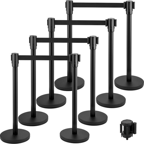 Crowd Control Stanchion, Set of 8 Pieces Stanchion Set, Stanchion Set with 6.6 ft/2 m Black Retractable Belt, Black Crowd Control Barrier w/ Concrete and Metal Base  Easy Connect Assembly