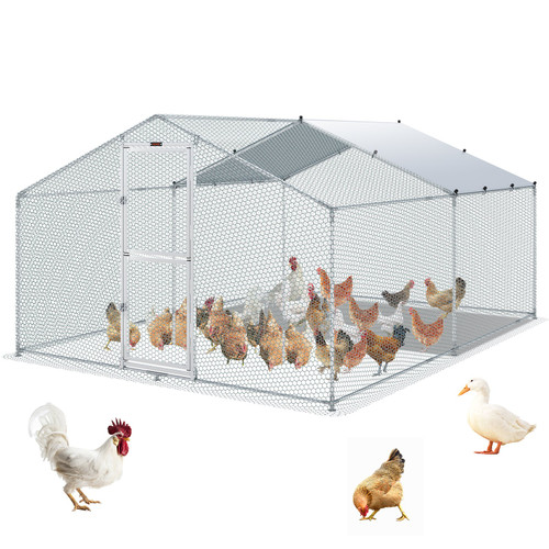 Metal Chicken Coop, 13.1 x 9.8 x 6.6 ft Large Chicken Run, Peaked Roof Outdoor Walk-in Poultry Pen Cage for Farm or Backyard, with Water-proof Cover and Protection Mesh, for Hen, Duck, Rabbit