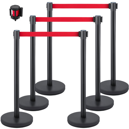 Crowd Control Stanchion, Set of 6 Pieces Stanchion Set, Stanchion Set w/ 6.6 ft/2 m Red Retractable Belt, Crowd Control Barrier w/Rubber Base  Easy Connect Assembly for Crowd Control (Black)